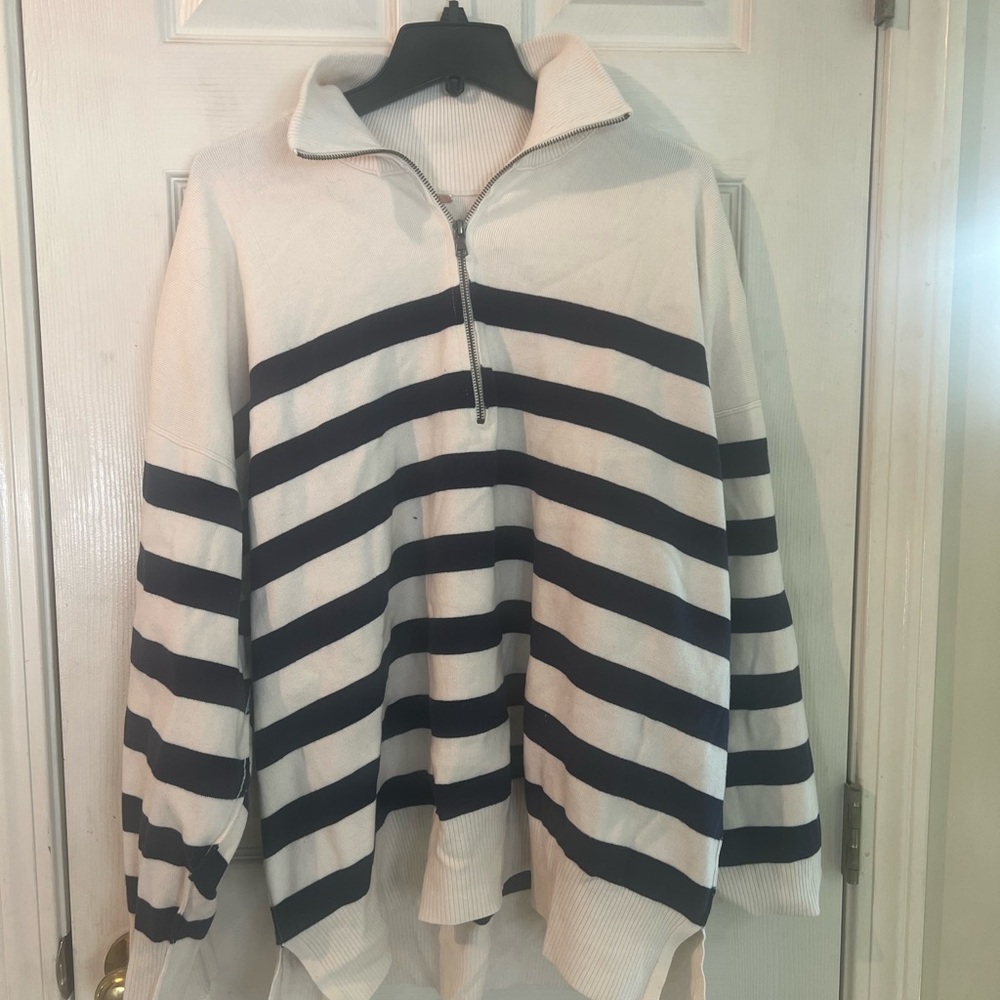 Free People Navy and Cream Striped Women's 1/4 Zip Turtleneck Sweater, Size L